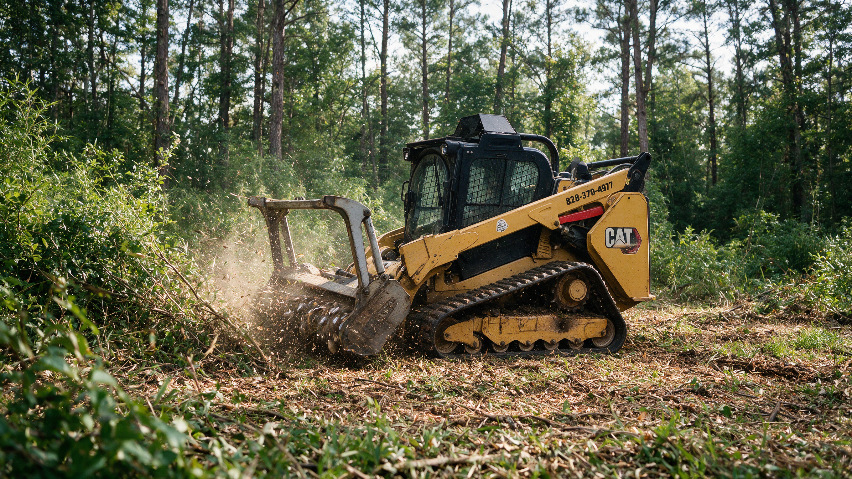 High performance forestry mulcher actively clearing heavy brush and trees in Charlotte NC